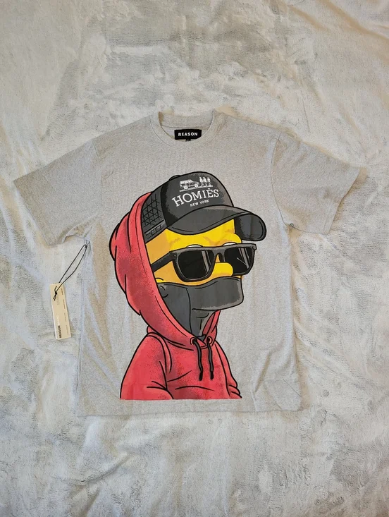 Reason Mens Large Gray Bart Simpson Homies Short Sleeve Graphic Print Tshirt - Picture 1 of 12